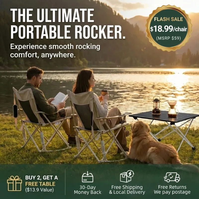 Portable Rocking Chair, 350lbs Capacity, Easy Fold & Carry (Free Table Included)